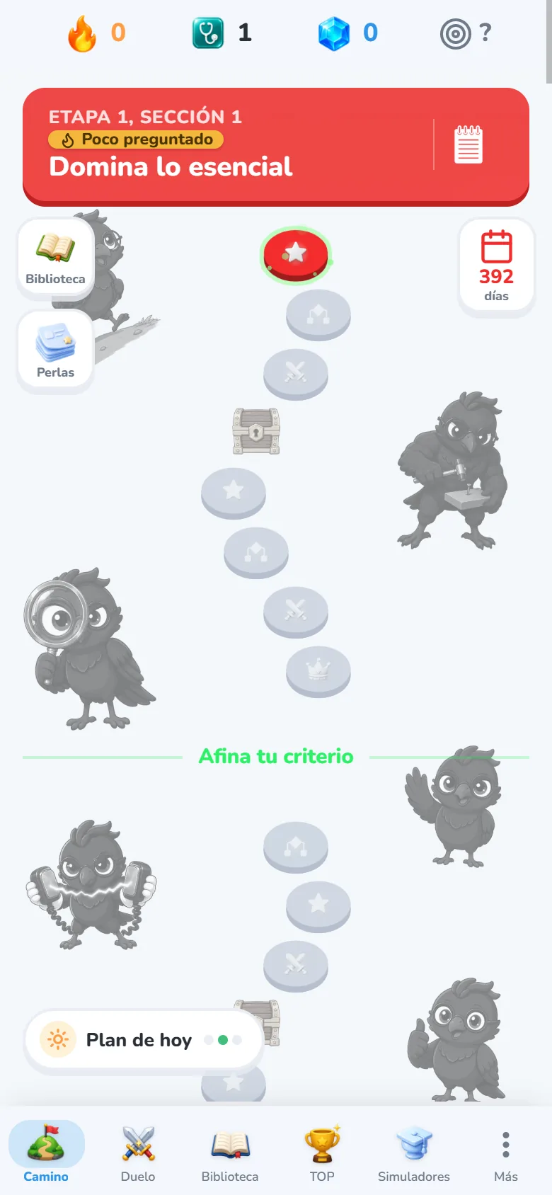 Pantalla real del camino de AKI: islas de la sección con el cofre, los atajos y el plan de hoy