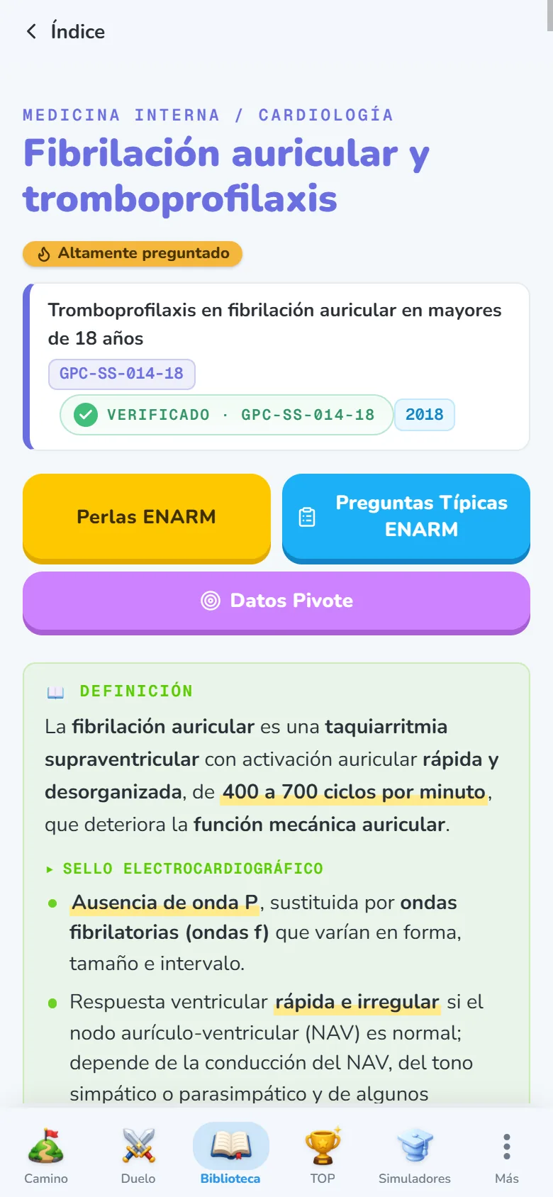 Pantalla real de una ficha de AKI: Fibrilación auricular con la píldora de su guía GPC-SS-014