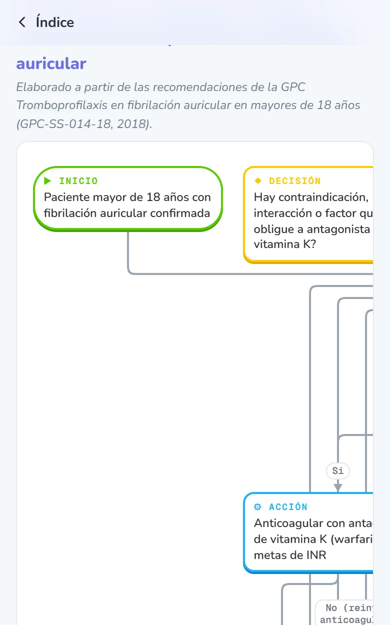 Pantalla real del flujograma de decisión de una guía dentro de la ficha