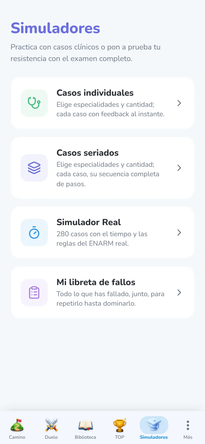 Pantalla real del hub de simuladores: casos individuales, seriados, Simulador Real y libreta de fallos